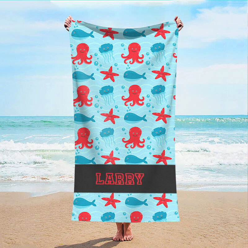 Personalized Name Bath Towel with Starfish And Octopus Pattern Creative Present for Children
