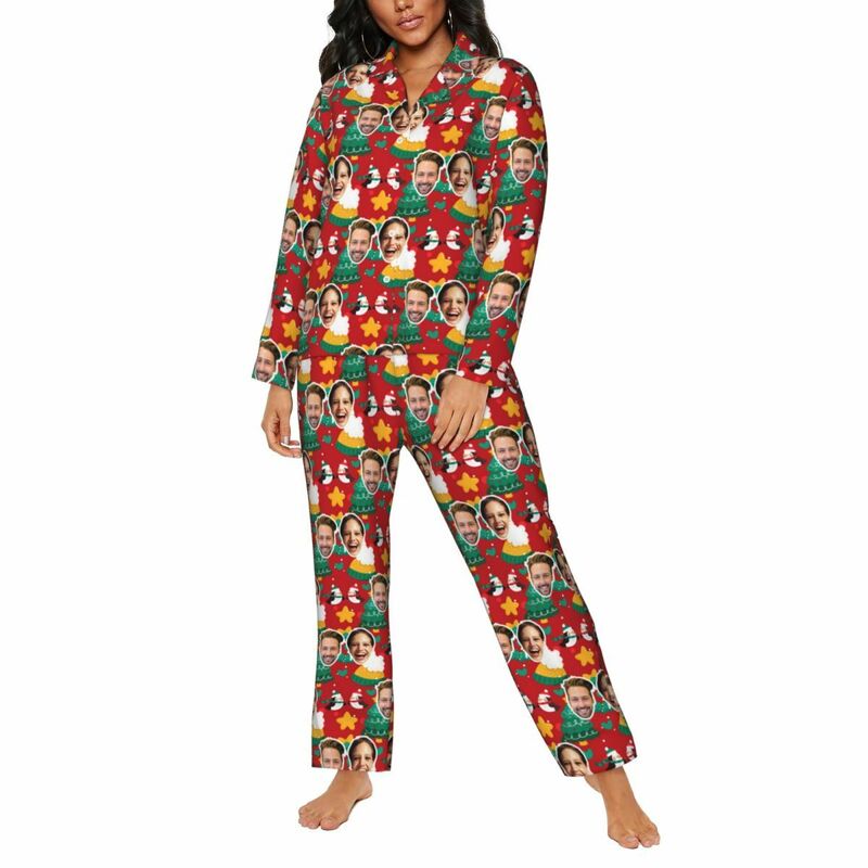 Personalized Pajamas Custom Photo Cute Couple Penguins Christmas Tree Pattern Design Gift for Lovers