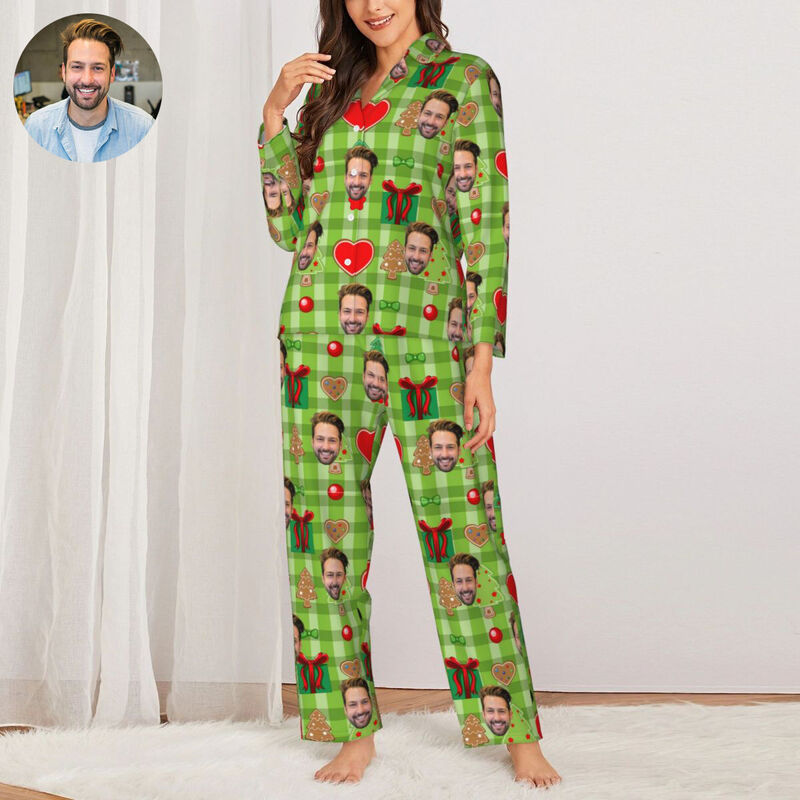 Personalisierte Pyjamas mit individuellem Foto Weihnachtselemente Symbole Grün-Stil Muster Design Geschenk für die Familie