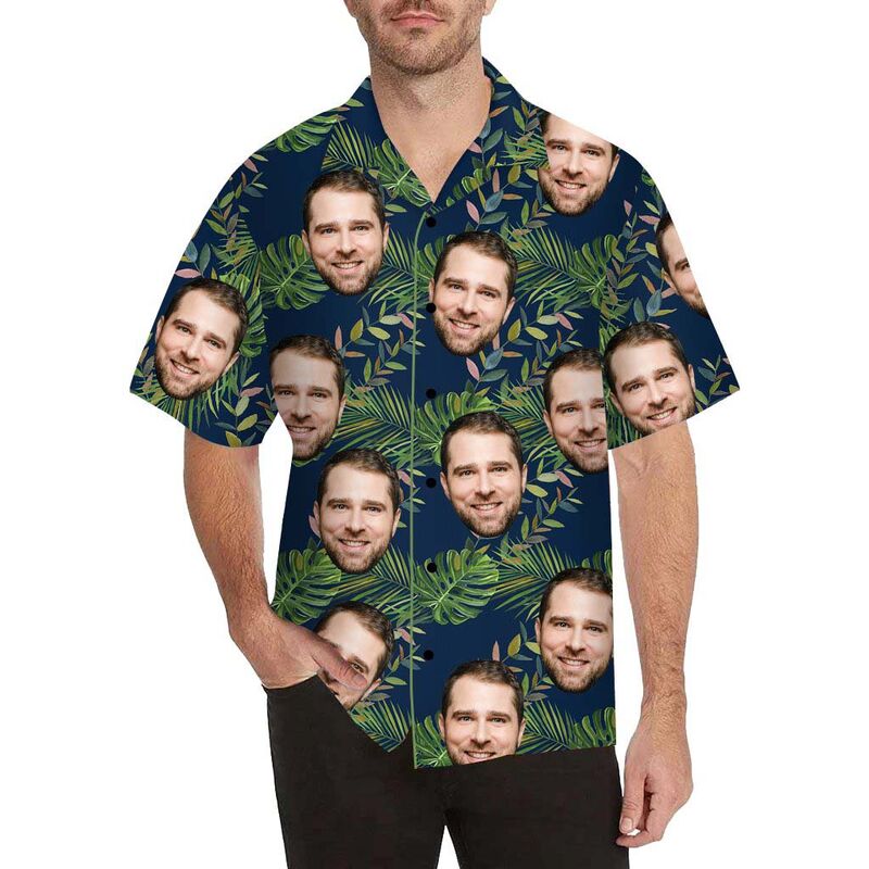 Custom Face Dark Green Leaves Men's All Over Print Hawaiian Shirt