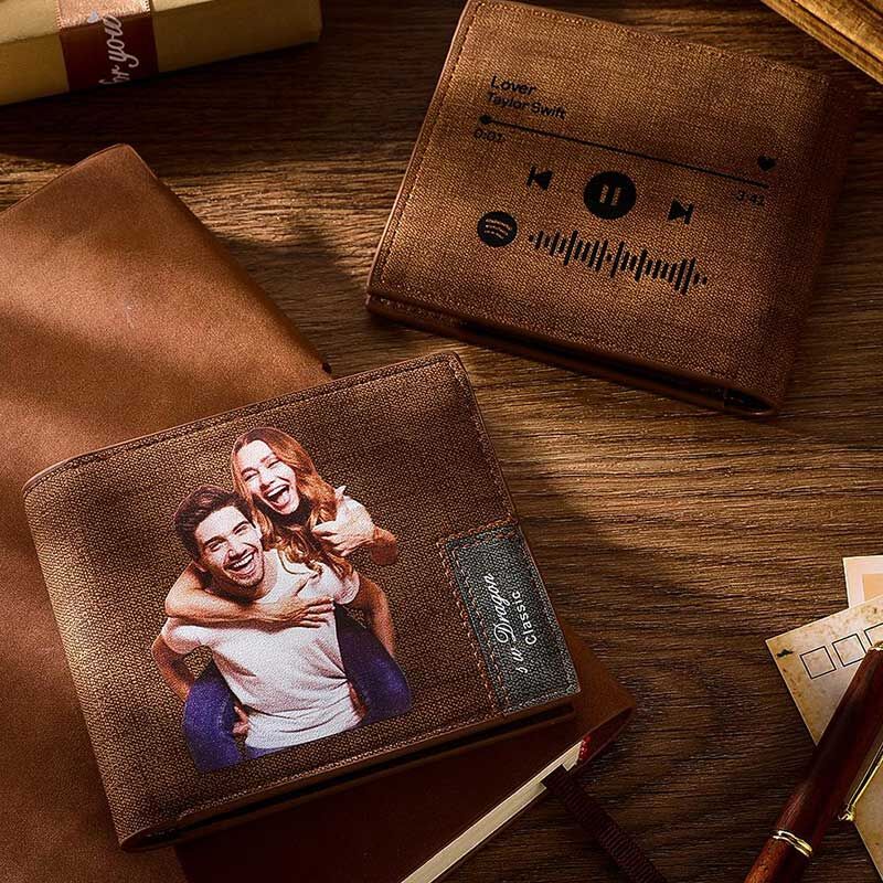 Scannable Spotify Code Wallet Photo Engraved Wallet Memorial Gifts - Brown