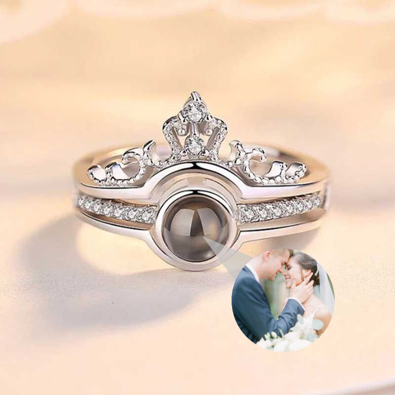Personalized Photo Projection  Two In One Heart  Ring With Crown