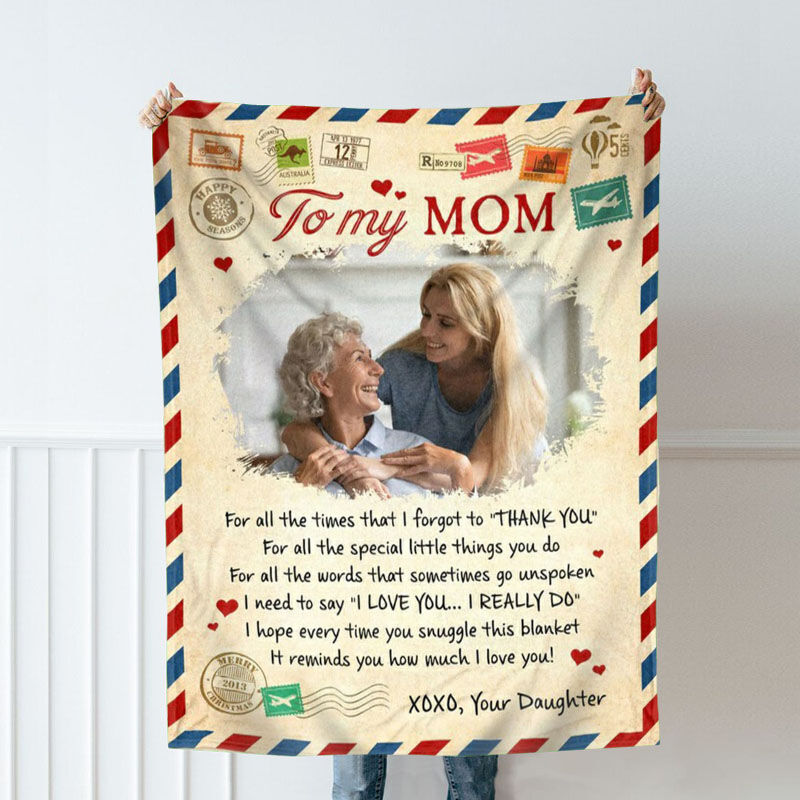 Personalized Picture Blanket with Heart And Postmark Pattern Beautiful Present for Mom
