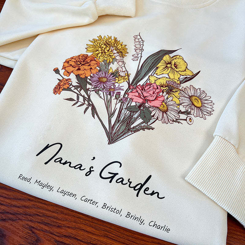 Gepersonaliseerd sweatshirt Mama's tuin met aangepaste geboortebloem en naam Warm Moederdagcadeau