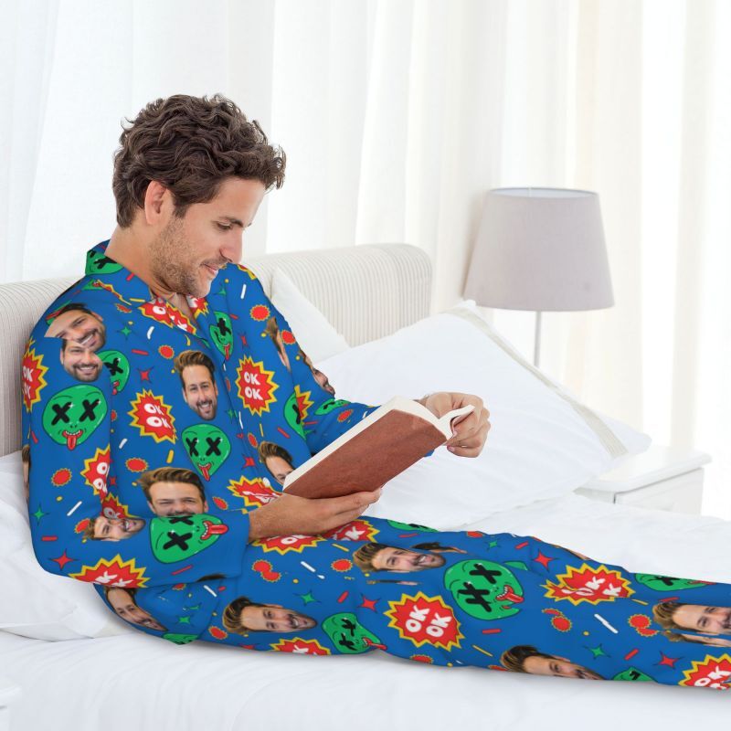 Personalized Pajamas Custom Photo Alien Whimsical Pattern Design Imaginative Funny Gift for Him