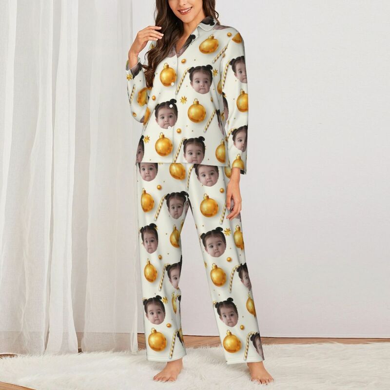 Personalisierte Pyjamas mit individuellem Kinderfoto Weihnachtsglocke Süßigkeit Goldener Stil Muster Design Geschenk für sie