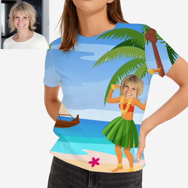 T-shirt "Danse hula au bord de la mer" hawaïen pour femme avec visage personnalisé