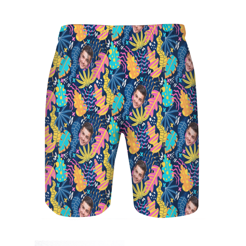 Personalized Picture Men's Beach Shorts with Leaves Pattern Best Gift for Family