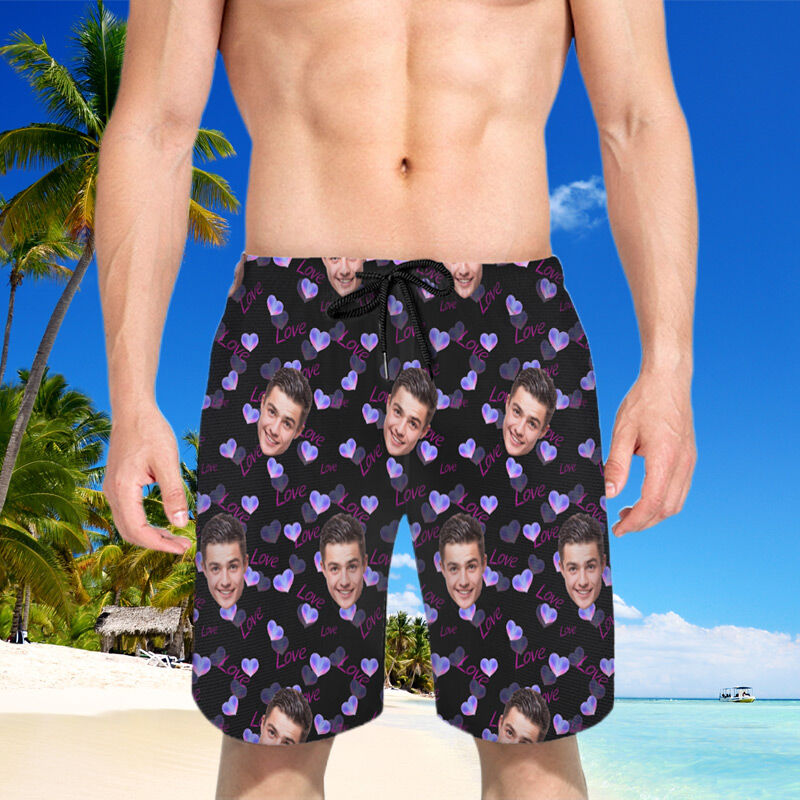 Personalized Picture Men's Beach Shorts with Purple Heart Pattern Cute Gift for Boyfriend