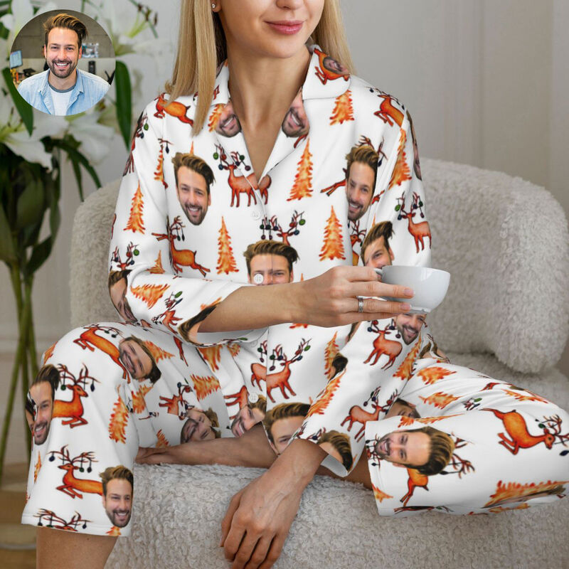 Personalisierte Pyjamas mit individuellem Foto Weihnachtsbaum Rentier Orangener Stil Design Warmes Geschenk für die Familie