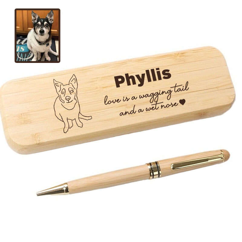 Gepersonaliseerde houten pennenhouder met gepersonaliseerde boodschap Foto van huisdier Lijntekeningontwerp Perfect cadeau voor dierenliefhebbers