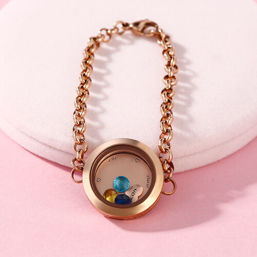 "I Love You Mom" Engraved Floating Locket Bracelet With Charms And Birthstones Stainless Steel