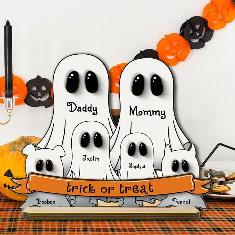 Personalized Wooden Frame Sign Trick Or Treat Ghost Family Design Perfect Gift for Halloween