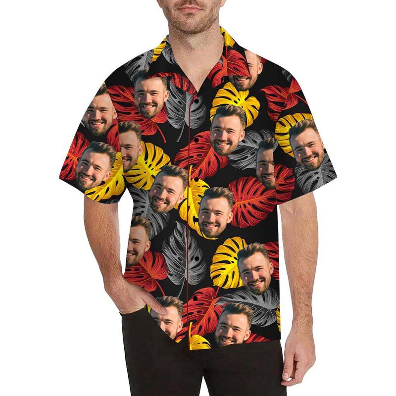 Chemise hawaïenne à impression intégrale pour hommes avec visage personnalisé et feuilles colorées