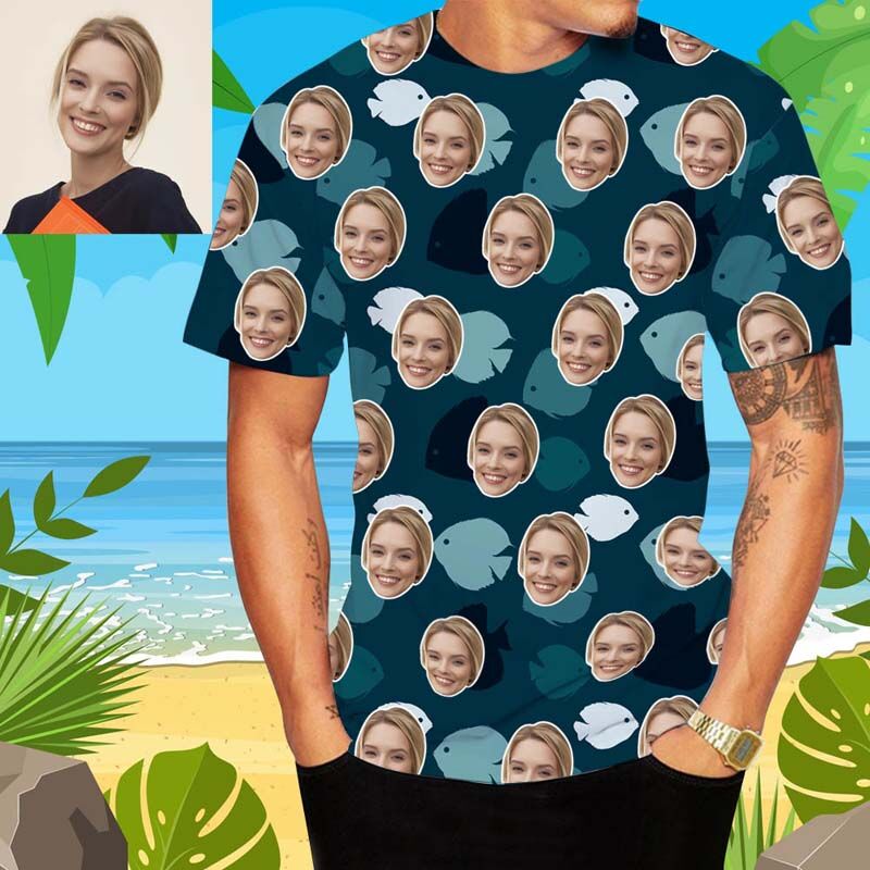 Custom Face Men's Hawaiian T-Shirt With Little Fish
