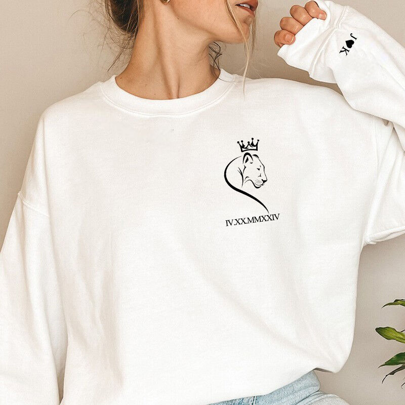 Personalized Sweatshirt Lion King Couple Crown Design with Custom Roman Numeral Date Gift for Lovers