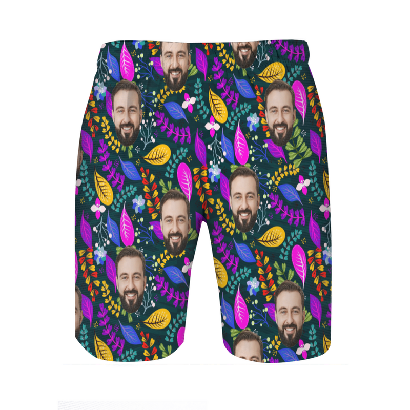 Personalized Picture Men's Beach Shorts with Purple Leaves Pattern Artistic Gift for Dad