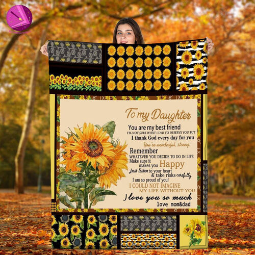 To daughter from Mom and Dad Flannel Blanket Printed with Sunflower Pattern