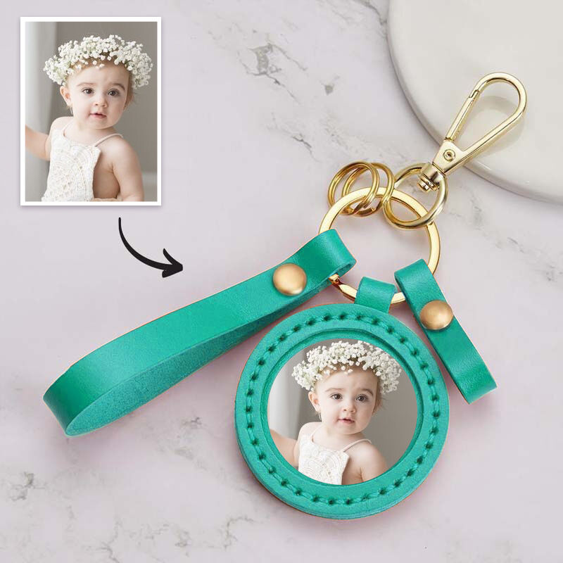 Llavero personalizado con foto y cuero verde para bebé