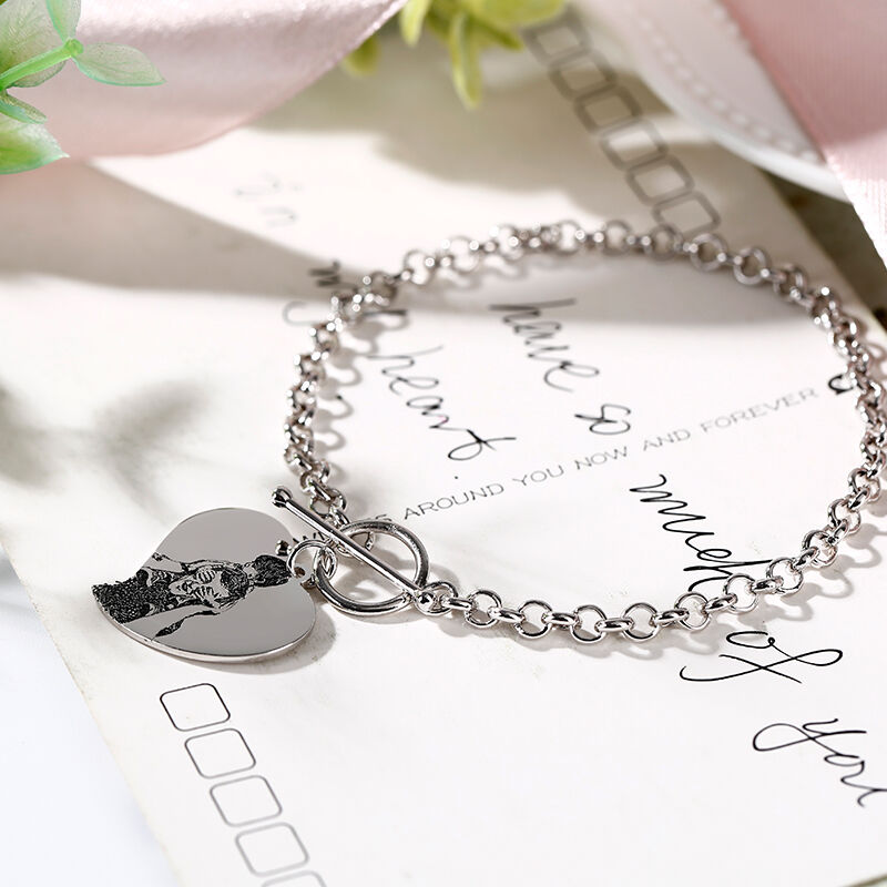 "Wonderful Life" Heart Photo Engraving Charm Bracelet