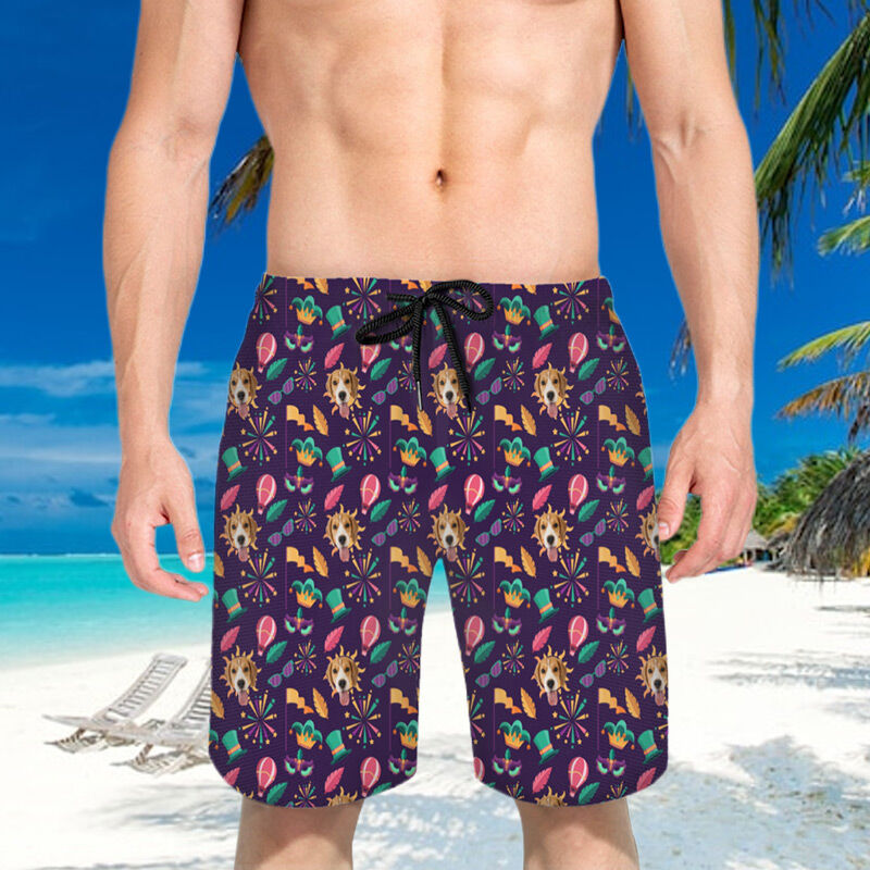 Personalized Picture Men's Beach Shorts with Fireworks Pattern Stylish Gift for Boyfriend