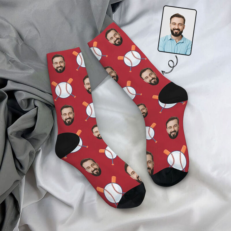 Personalized Face Socks Baseball Print Add Photo Mid-Calf Socks for Him