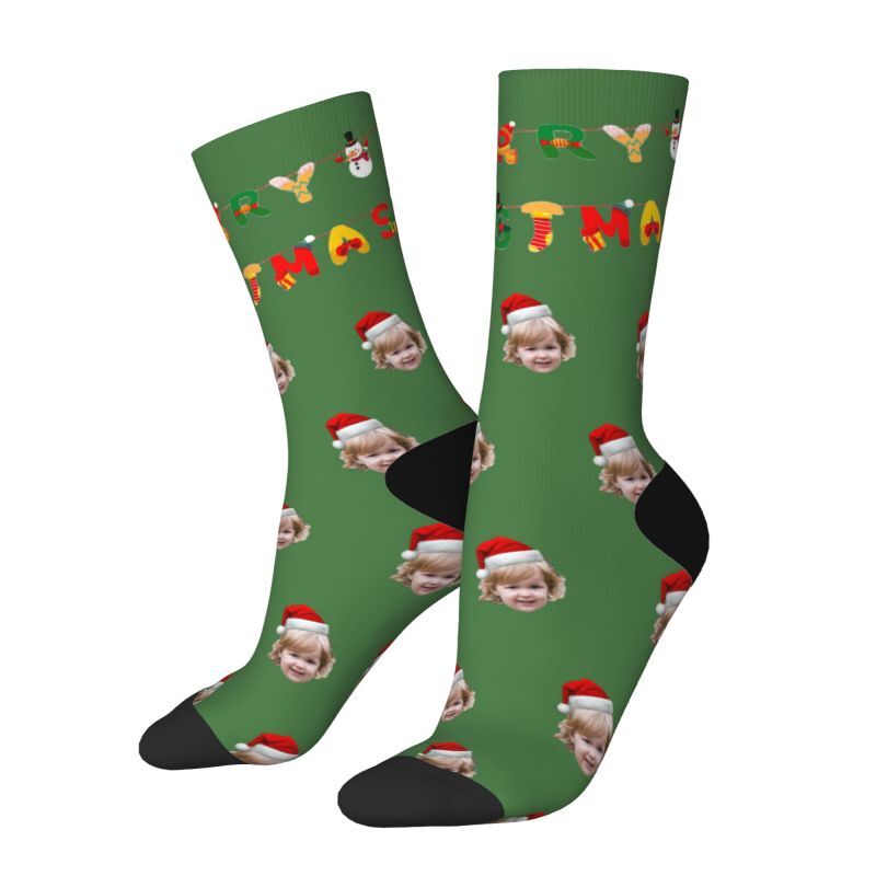 "Merry Christmas" Personalized Face Socks Add Your Child's Photo as a Gift for Family