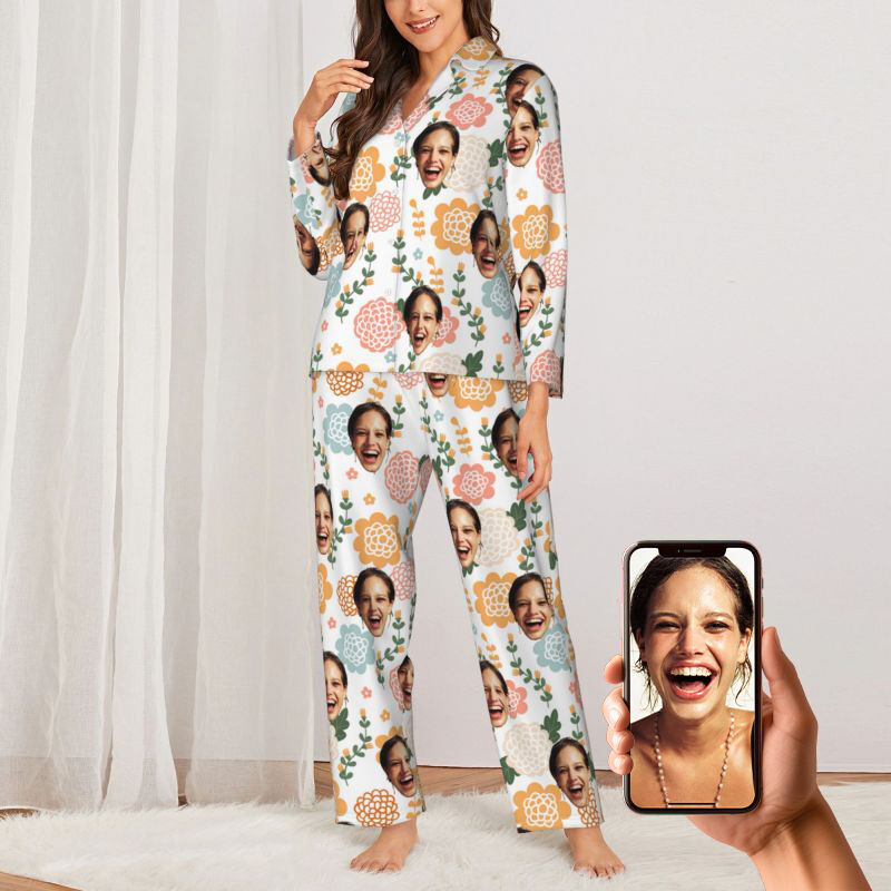 Personalized Pajamas Custom Photo Colorful Floral Pattern Elegant Design Gift for Her Family