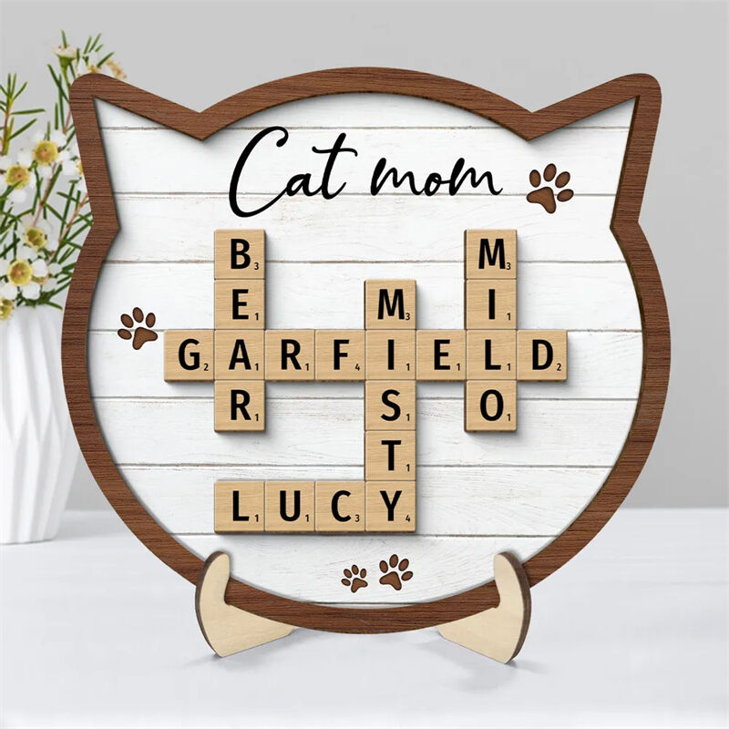 Personalized Scrabble Frame Cat Mom Custom Names Kitten Head Shape Design Perfect Gift for Pet Lovers