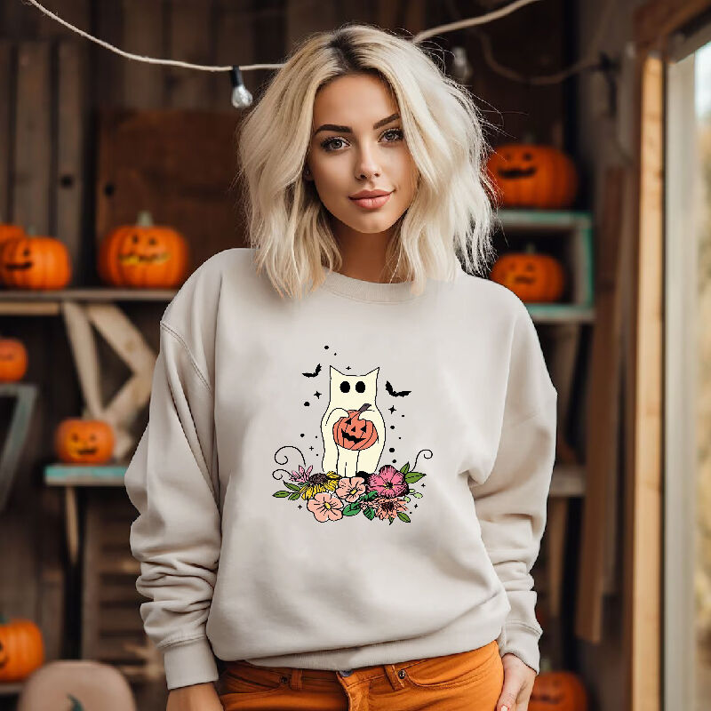Beautiful Sweatshirt with Ghost Kitten Pattern Design Among Flowers Best Gift for Pet Lover