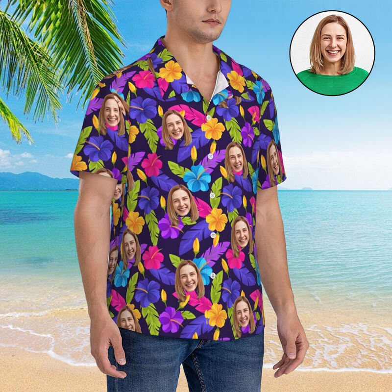 Camicia hawaiana personalizzata con faccia divertente e foglia tropicale per uomo