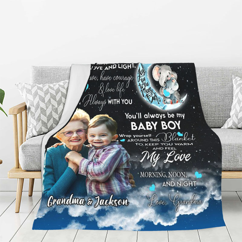 Personalized Picture Blanket with Cute Elephant Pattern Best Gift for Grandson