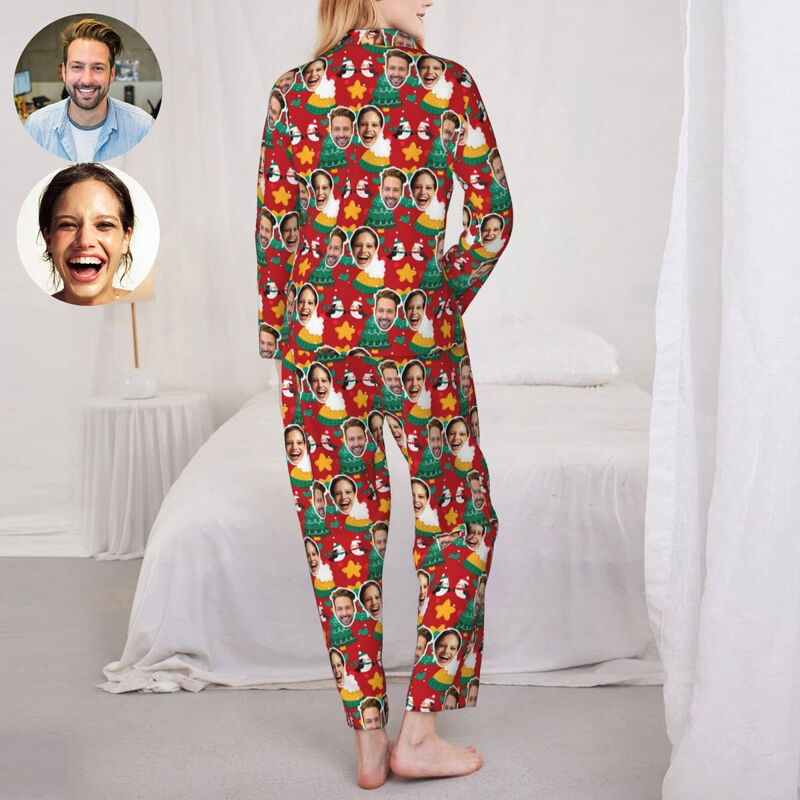 Personalized Pajamas Custom Photo Cute Couple Penguins Christmas Tree Pattern Design Gift for Lovers