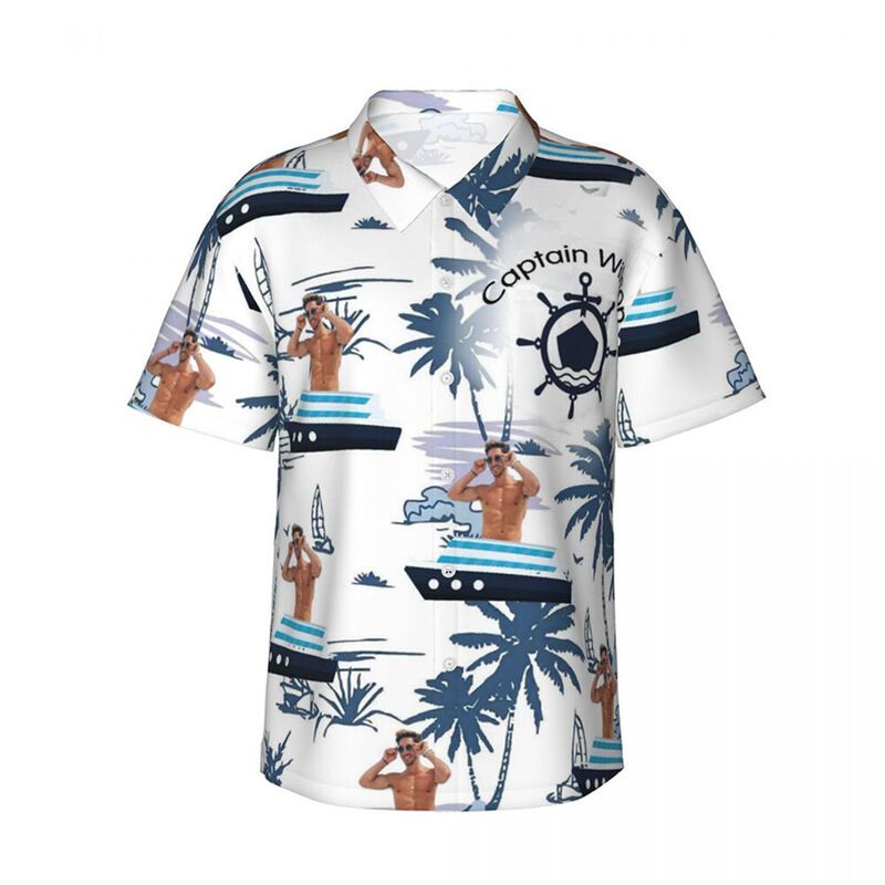 Personalized Hawaiian Shirt with Boat Print Funny Captain Title Short Sleeve Shirt Gift for Men