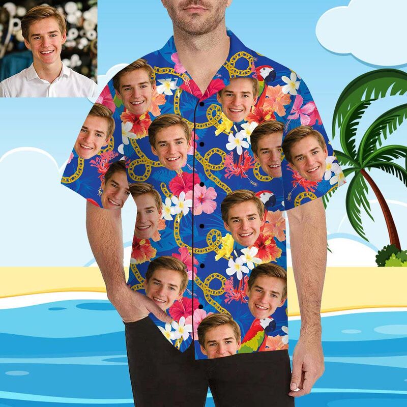 Chemise hawaïenne à impression intégrale pour hommes, avec chaîne de visage et fleurs personnalisées
