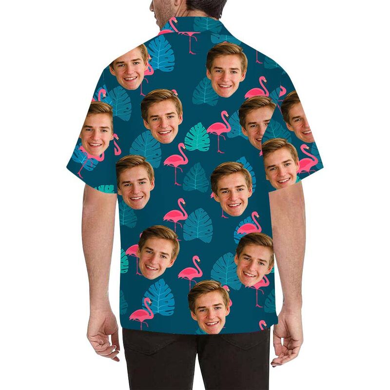 Chemise hawaïenne pour homme avec impression sur tout le corps visage personnalisé flamant rose et feuilles
