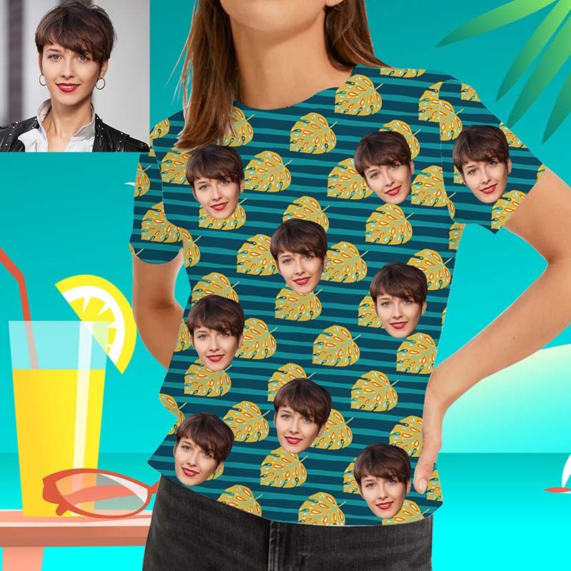 T-shirt hawaïen personnalisé pour femme avec feuilles jaunes