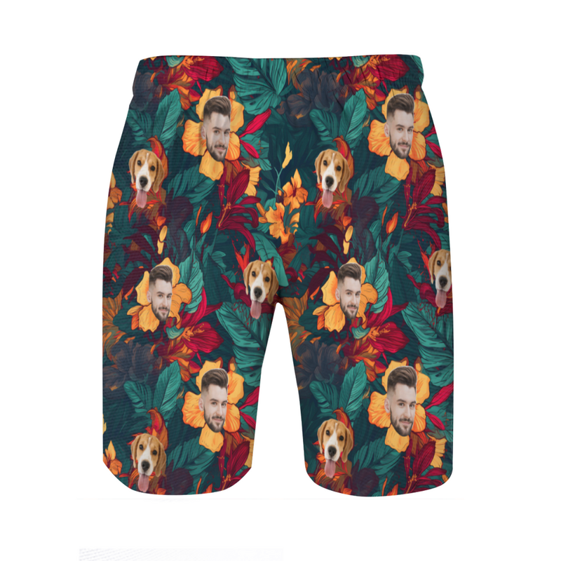 Personalized Picture Men's Beach Shorts with Orange Flowers Pattern Beautiful Gift for Family