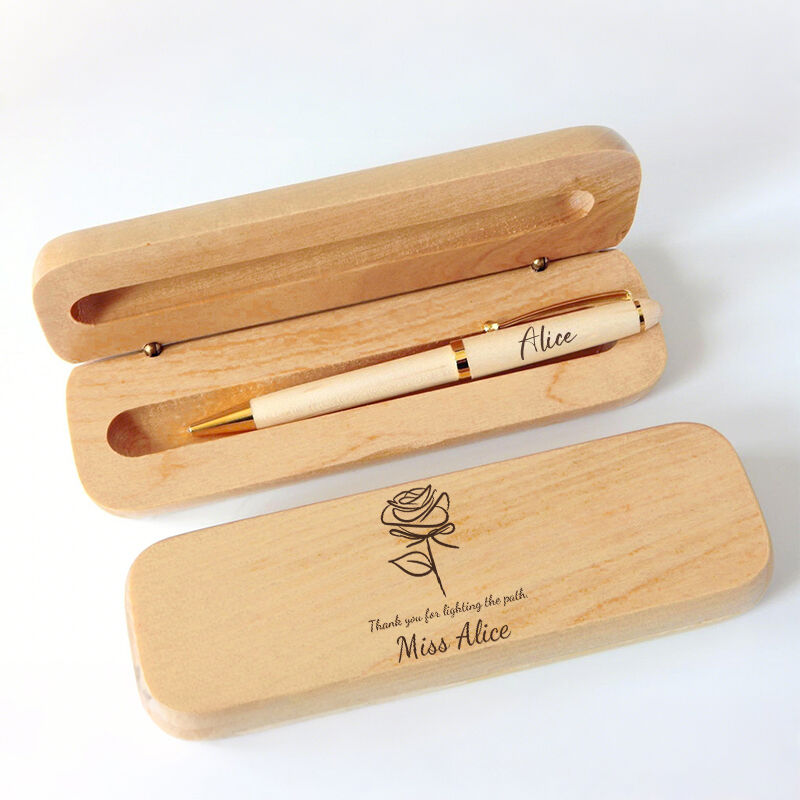 Personalized Pen Wooden Box Elegant Rose Custom Name Design Exquisite Thank You Gift for Teacher