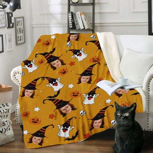 Custom Photo Blanket with Cute Ghost Personalized Halloween Gift For Family