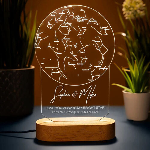 Lampe Tableau des étoiles personnalisé en bois, rond et acrylique pour couple