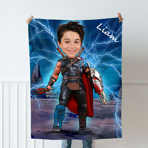 Personalized Custom Photo Blanket Cartoon Character Lightning Background Coral Fleece Blanket Gift