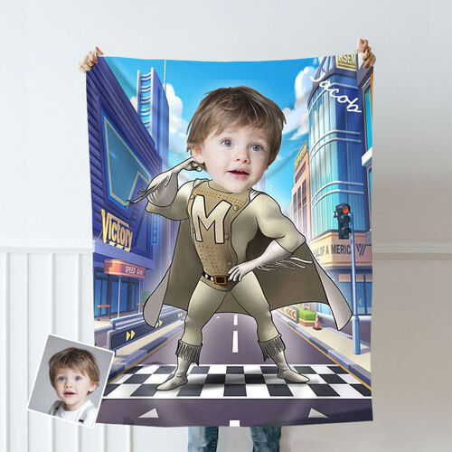 Personalized Custom Photo Blanket Cartoon Character City Street Background Coral Fleece Blanket Gift