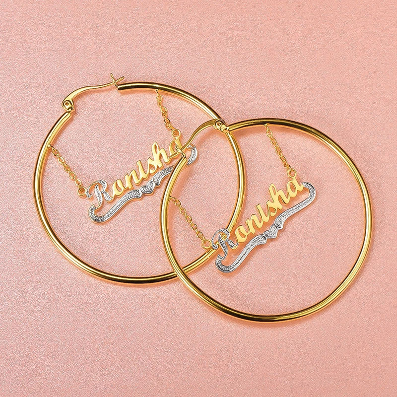 Two Tone Hoop Personalized Name Earrings