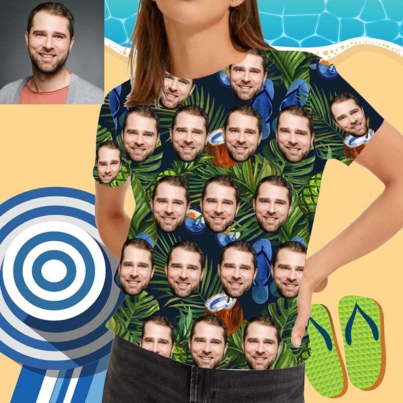T-shirt hawaïen Visage personnalisé pour femme imprimé avec une jungle dense