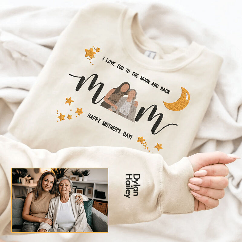 Personalisiertes Sweatshirt mit gesticktem Foto Ich liebe dich bis zum Mond und zurück Warmes Geschenk für die liebe Mama