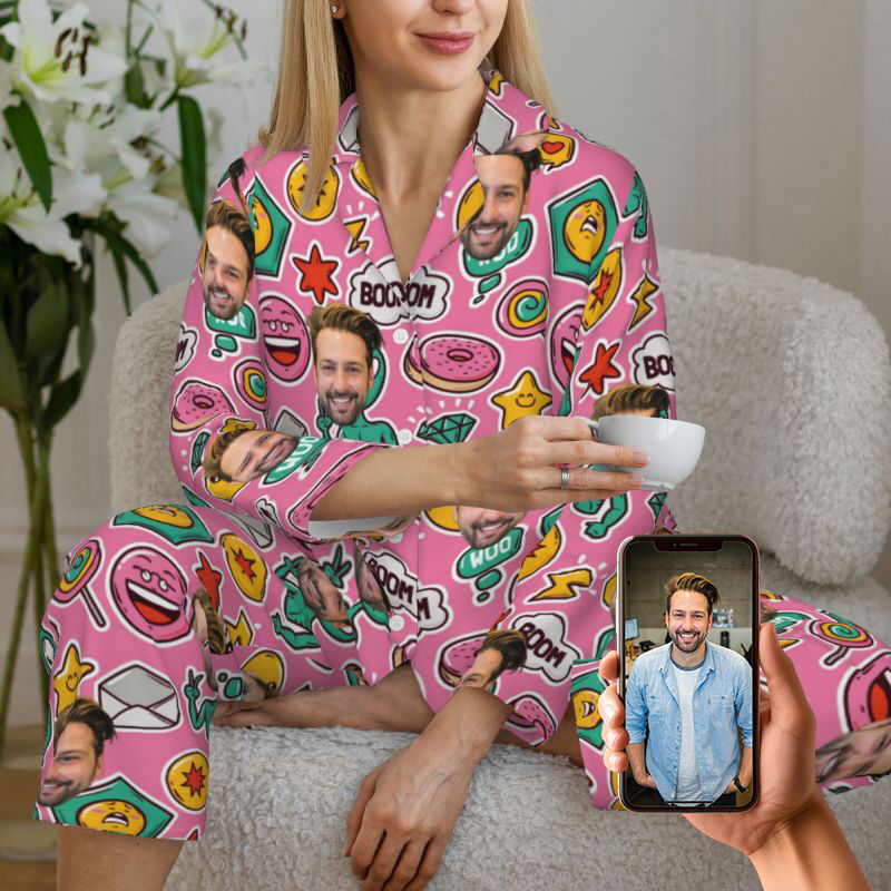 Personalized Pajamas Custom Photo Alien Donut Funny Cartoon Pattern Design Gift for Family Members