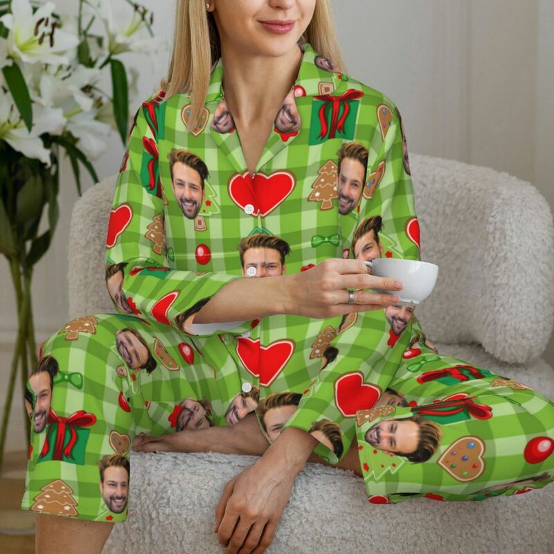 Pyjama personnalisé Photo personnalisée Élément de Noël Icônes Motif de style vert Cadeau pour la famille