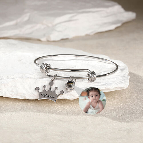 Personalized Projection Photo Bracelet with Custom Name Crown Charm