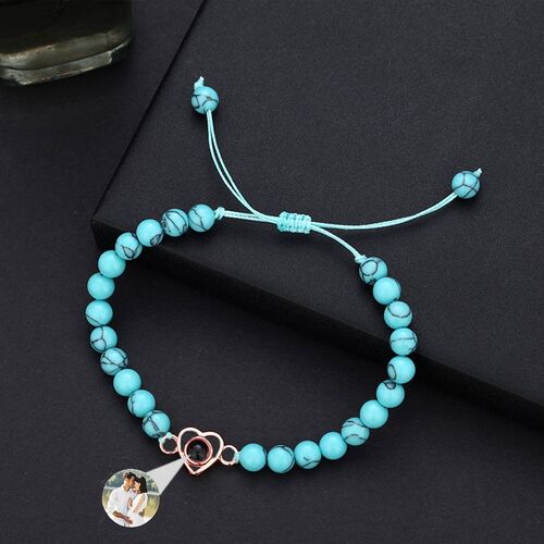 Pulsera personalizada de cuentas azules con proyección de foto de corazón para regalo creativo
